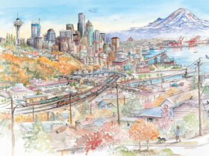 Seattle Skyline – Trains entering Interbay, seen from Magnolia