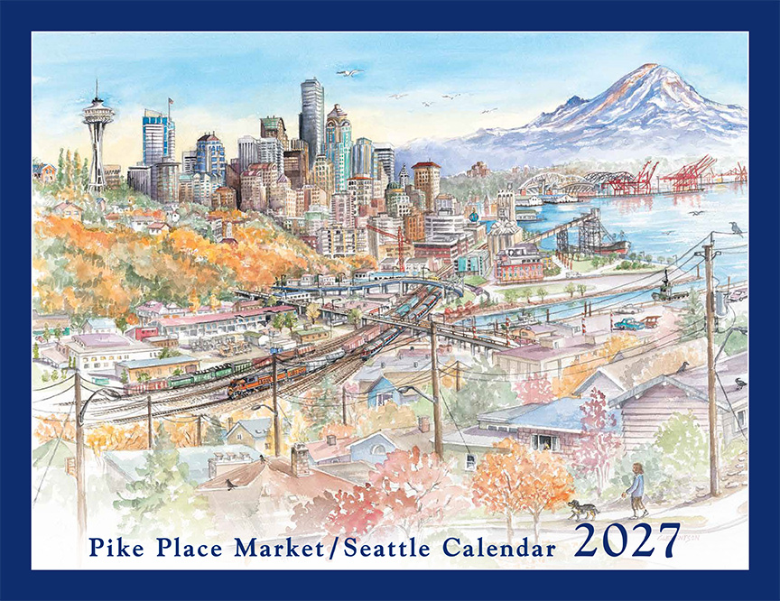 2027 Pike Place Market Seattle Calendar - Seattle's skyline